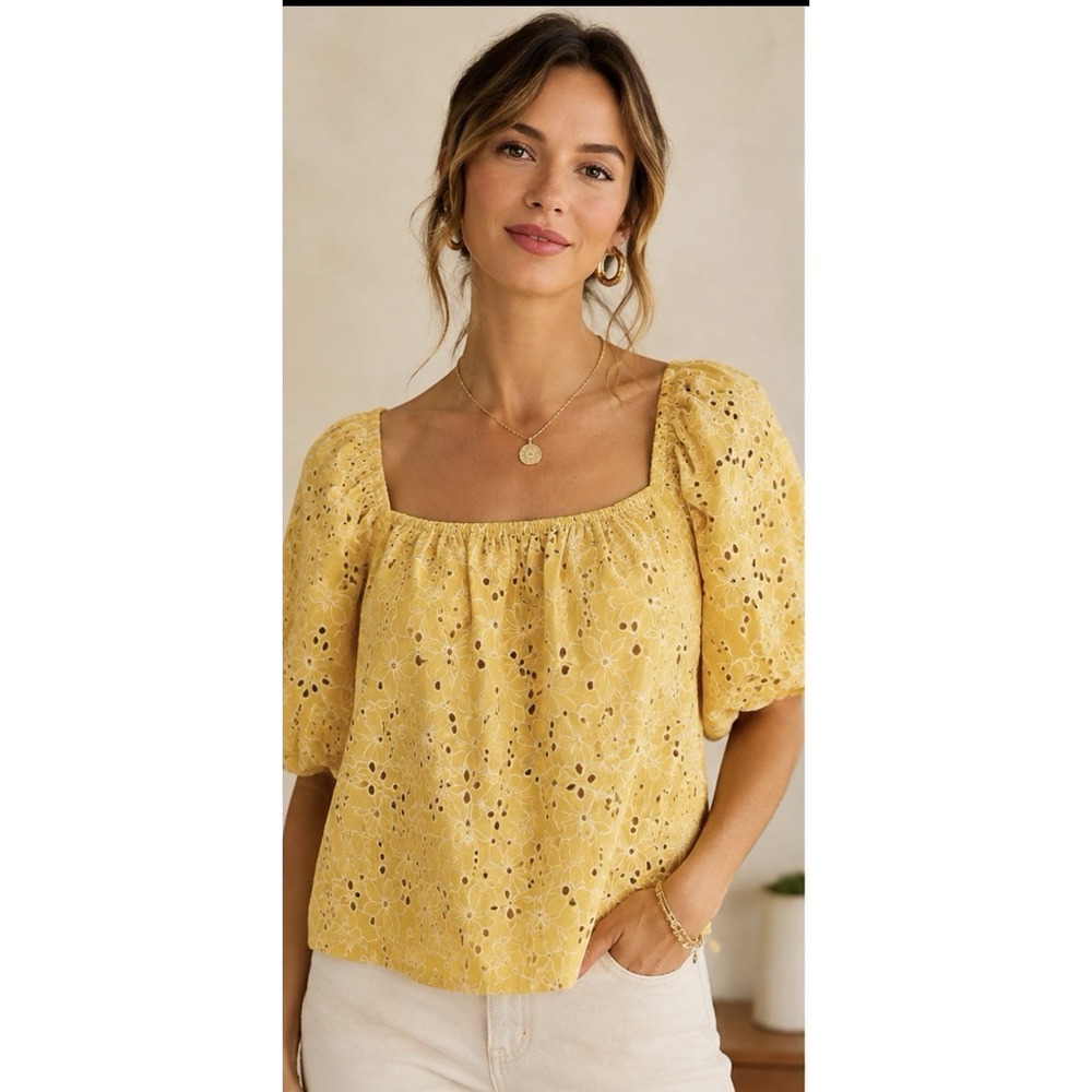 NWT SEZANE Lois Blouse US 8 Yellow Eyelet Embroidered Organic Cotton Puff Sleeve